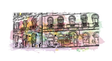 İtalya 'nın başkenti Catania' nın simgesi olan Print Building View 'dir. Vektörde elle çizilmiş resim ile suluboya sıçraması.
