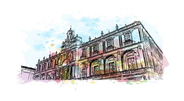 İtalya 'nın başkenti Catania' nın simgesi olan Print Building View 'dir. Vektörde elle çizilmiş resim ile suluboya sıçraması.