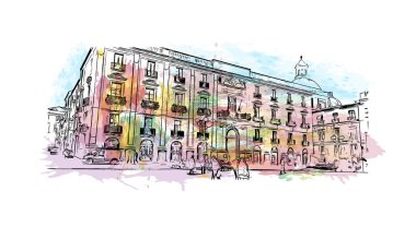 İtalya 'nın başkenti Catania' nın simgesi olan Print Building View 'dir. Vektörde elle çizilmiş resim ile suluboya sıçraması.