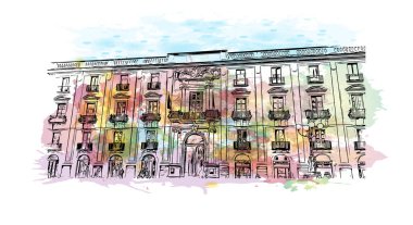 İtalya 'nın başkenti Catania' nın simgesi olan Print Building View 'dir. Vektörde elle çizilmiş resim ile suluboya sıçraması.