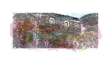 İtalya 'nın başkenti Catania' nın simgesi olan Print Building View 'dir. Vektörde elle çizilmiş resim ile suluboya sıçraması.