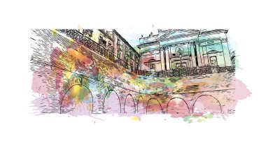 İtalya 'nın başkenti Catania' nın simgesi olan Print Building View 'dir. Vektörde elle çizilmiş resim ile suluboya sıçraması.