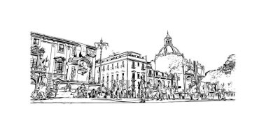 İtalya 'nın başkenti Catania' nın simgesi olan Print Building View 'dir. Vektörde elle çizilmiş çizim çizimi.