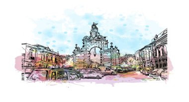 İtalya 'nın başkenti Catania' nın simgesi olan Print Building View 'dir. Vektörde elle çizilmiş resim ile suluboya sıçraması.