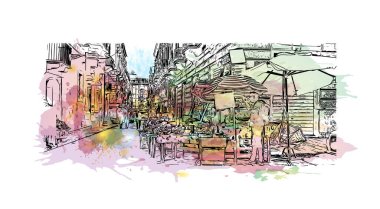 İtalya 'nın başkenti Catania' nın simgesi olan Print Building View 'dir. Vektörde elle çizilmiş resim ile suluboya sıçraması.