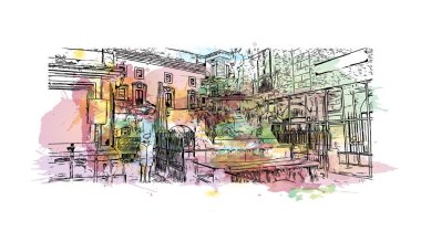 İtalya 'nın başkenti Catania' nın simgesi olan Print Building View 'dir. Vektörde elle çizilmiş resim ile suluboya sıçraması.