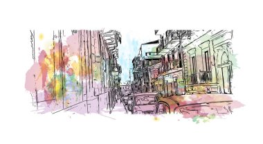 İtalya 'nın başkenti Catania' nın simgesi olan Print Building View 'dir. Vektörde elle çizilmiş resim ile suluboya sıçraması.