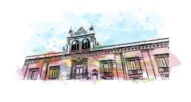 İtalya 'nın başkenti Catania' nın simgesi olan Print Building View 'dir. Vektörde elle çizilmiş resim ile suluboya sıçraması.