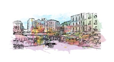 İtalya 'nın başkenti Catania' nın simgesi olan Print Building View 'dir. Vektörde elle çizilmiş resim ile suluboya sıçraması.