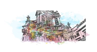 İtalya 'nın başkenti Catania' nın simgesi olan Print Building View 'dir. Vektörde elle çizilmiş resim ile suluboya sıçraması.