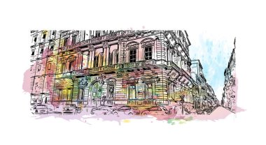 İtalya 'nın başkenti Catania' nın simgesi olan Print Building View 'dir. Vektörde elle çizilmiş resim ile suluboya sıçraması.