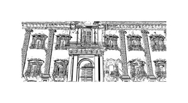 İtalya 'nın başkenti Catania' nın simgesi olan Print Building View 'dir. Vektörde elle çizilmiş çizim çizimi.