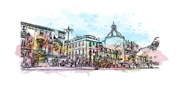 Print Building View Landmark Catania City Italy Watercolor Splash Hand — 图库矢量图片