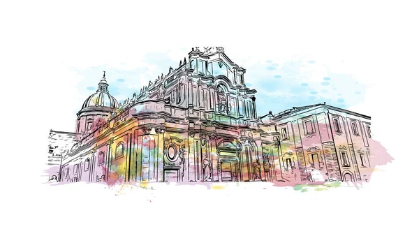Print Building View Landmark Catania Olaszország Városa Akvarell Splash Kézzel — Stock Vector