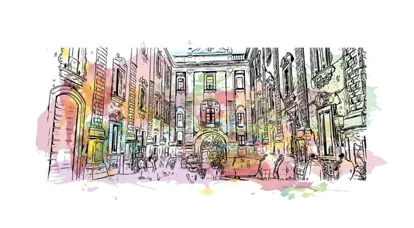 İtalya 'nın başkenti Catania' nın simgesi olan Print Building View 'dir. Vektörde elle çizilmiş resim ile suluboya sıçraması.