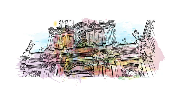 Print Building View Landmark Catania City Italy Watercolor Splash Hand — Stockový vektor