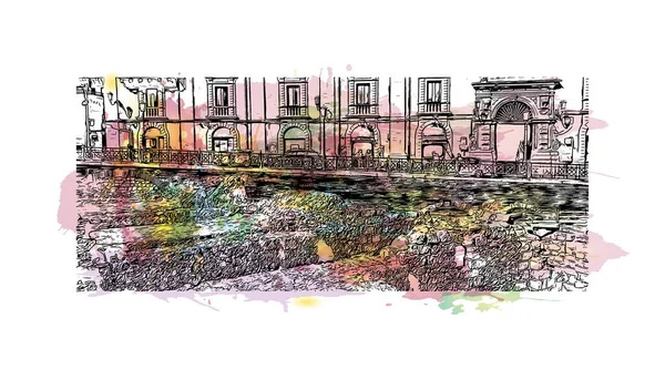 Print Building View Landmark Catania City Italy Watercolor Splash Hand — 스톡 벡터