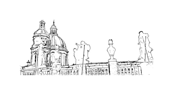印刷カタニアのランドマークとビルの景色はイタリアの街です 手描きのスケッチ図ベクトル — ストックベクタ