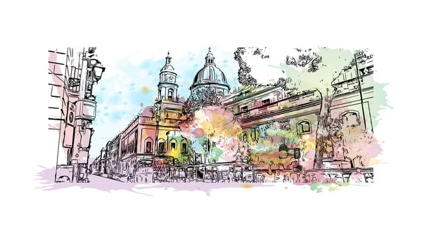 Print Building View Landmark Catania City Italy Watercolor Splash Hand — 图库矢量图片