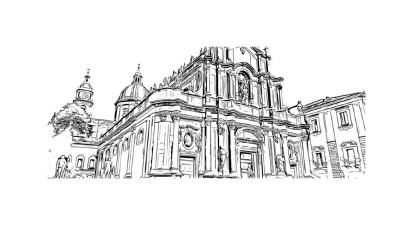 Print Building View Landmark Catania City Italy Hand Drawn Sketch — Stock vektor