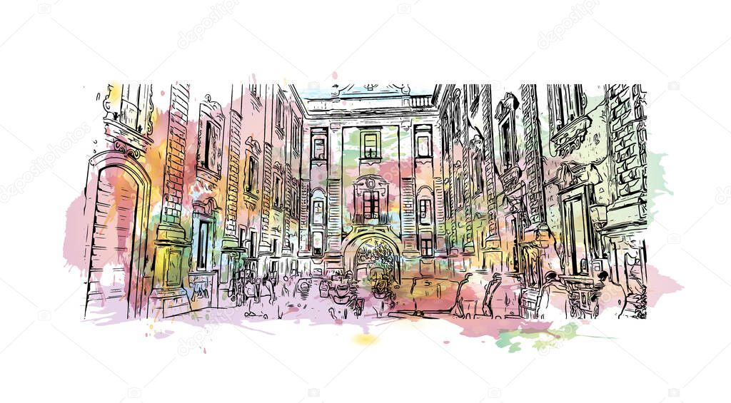 Print Building view with landmark of Catania is the city in Italy. Watercolor splash with hand drawn sketch illustration in vector.