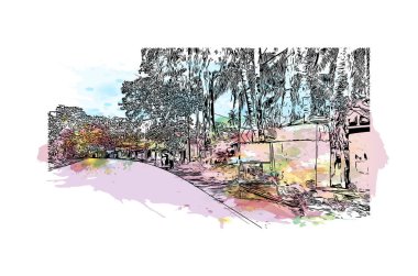 Catbalogan 'ın simgesi olan Print Building View, Filipinler' de bir şehirdir. Vektörde elle çizilmiş resim ile suluboya sıçraması.