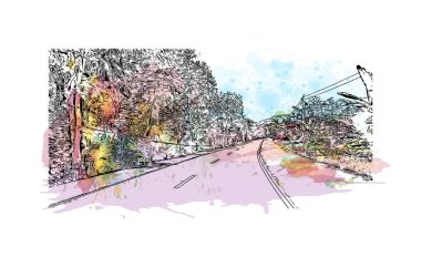 Catbalogan 'ın simgesi olan Print Building View, Filipinler' de bir şehirdir. Vektörde elle çizilmiş resim ile suluboya sıçraması.