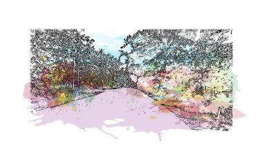 Catbalogan 'ın simgesi olan Print Building View, Filipinler' de bir şehirdir. Vektörde elle çizilmiş resim ile suluboya sıçraması.