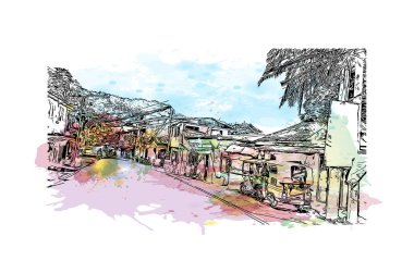 Catbalogan 'ın simgesi olan Print Building View, Filipinler' de bir şehirdir. Vektörde elle çizilmiş resim ile suluboya sıçraması.