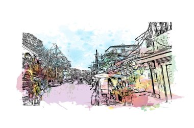 Catbalogan 'ın simgesi olan Print Building View, Filipinler' de bir şehirdir. Vektörde elle çizilmiş resim ile suluboya sıçraması.