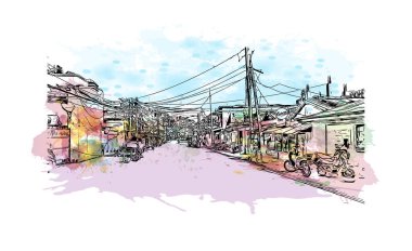 Catbalogan 'ın simgesi olan Print Building View, Filipinler' de bir şehirdir. Vektörde elle çizilmiş resim ile suluboya sıçraması.