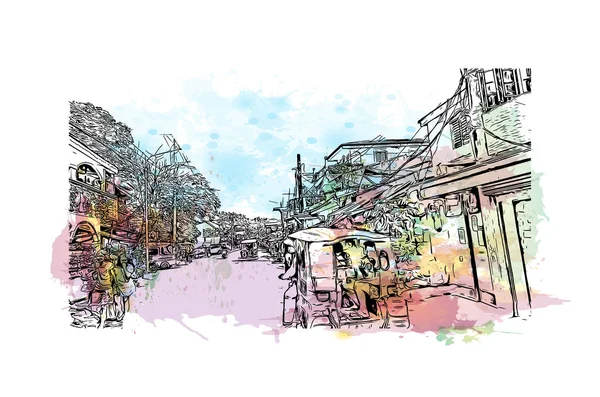 Print Building View Landmark Catbalogan City Philippines Watercolor Splash Hand — Stock vektor