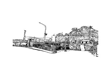 Catbalogan 'ın simgesi olan Print Building View, Filipinler' de bir şehirdir. Vektörde elle çizilmiş çizim çizimi.