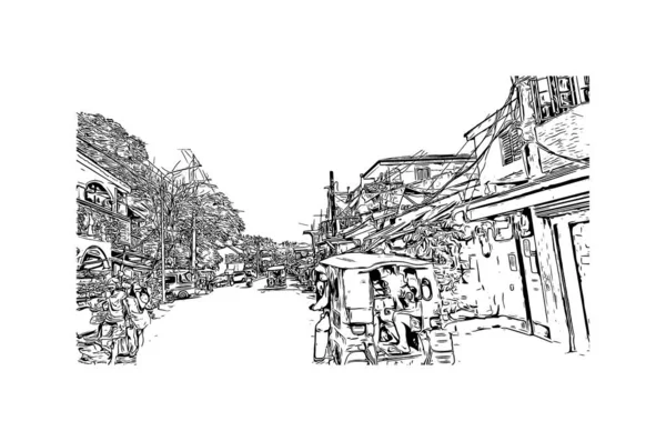 Print Вид Здание Достопримечательностью Catbalogan Город Филиппинах Ручной Рисунок Векторе — стоковый вектор