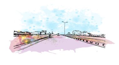 Print Building view with landmark of Chandigarh is the city in India. Vektörde elle çizilmiş resim ile suluboya sıçraması.