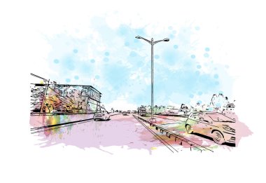 Print Building view with landmark of Chandigarh is the city in India. Vektörde elle çizilmiş resim ile suluboya sıçraması.