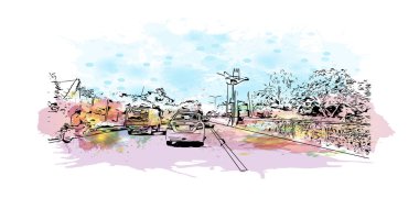 Print Building view with landmark of Chandigarh is the city in India. Vektörde elle çizilmiş resim ile suluboya sıçraması.