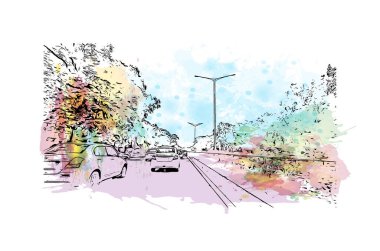 Print Building view with landmark of Chandigarh is the city in India. Vektörde elle çizilmiş resim ile suluboya sıçraması.