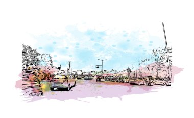 Print Building view with landmark of Chandigarh is the city in India. Vektörde elle çizilmiş resim ile suluboya sıçraması.