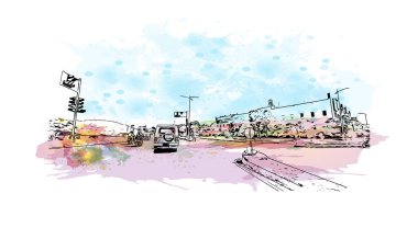 Print Building view with landmark of Chandigarh is the city in India. Vektörde elle çizilmiş resim ile suluboya sıçraması.