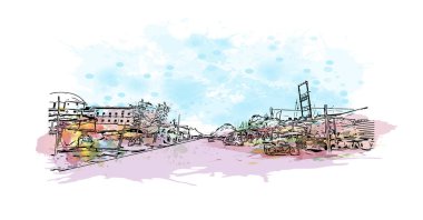 Print Building view with landmark of Chandigarh is the city in India. Vektörde elle çizilmiş resim ile suluboya sıçraması.