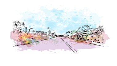 Print Building view with landmark of Chandigarh is the city in India. Vektörde elle çizilmiş resim ile suluboya sıçraması.