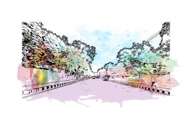 Print Building view with landmark of Chandigarh is the city in India. Vektörde elle çizilmiş resim ile suluboya sıçraması.