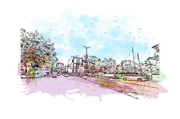 Print Building view with landmark of Chandigarh is the city in India. Vektörde elle çizilmiş resim ile suluboya sıçraması.