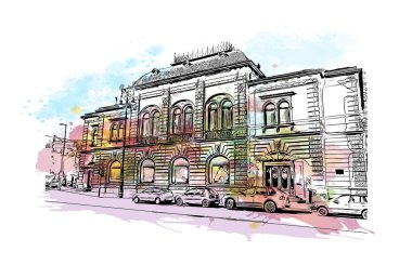 Macaristan 'ın başkenti Budapeşte' nin simgesi olan Print Building view 'dir. Vektörde elle çizilmiş resim ile suluboya sıçraması.