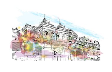 Macaristan 'ın başkenti Budapeşte' nin simgesi olan Print Building view 'dir. Vektörde elle çizilmiş resim ile suluboya sıçraması.