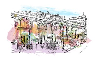 Macaristan 'ın başkenti Budapeşte' nin simgesi olan Print Building view 'dir. Vektörde elle çizilmiş resim ile suluboya sıçraması.