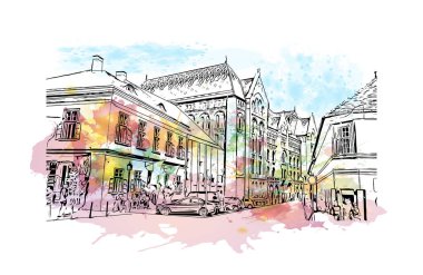 Macaristan 'ın başkenti Budapeşte' nin simgesi olan Print Building view 'dir. Vektörde elle çizilmiş resim ile suluboya sıçraması.