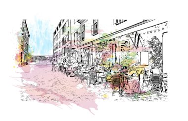 Macaristan 'ın başkenti Budapeşte' nin simgesi olan Print Building view 'dir. Vektörde elle çizilmiş resim ile suluboya sıçraması.