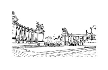 Macaristan 'ın başkenti Budapeşte' nin simgesi olan Print Building view 'dir. Vektörde elle çizilmiş çizim çizimi.